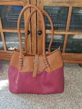 Black Rivet Burgundy and Tan Two-Tone Satchel with Buckle Detail